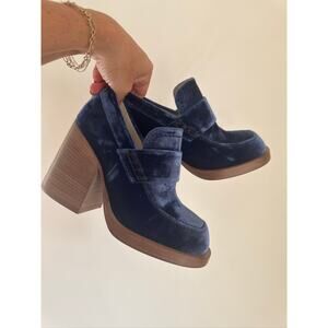 MARNI Velvet Block Heel Platform Loafers in Blue, Size 36.5